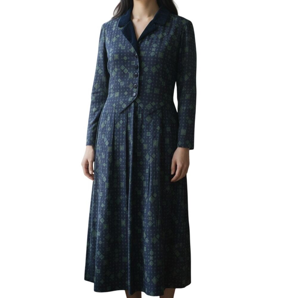 Vintage Blue Green Geometric Vest Dress Womens Sz Medium Gothic Cottage Academia